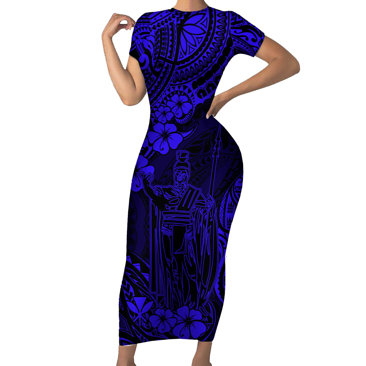 Hawaii King Kamehameha Short Sleeve Bodycon Dress Polynesian Pattern Navy Blue Version LT01 Long Dress Blue - Polynesian Pride