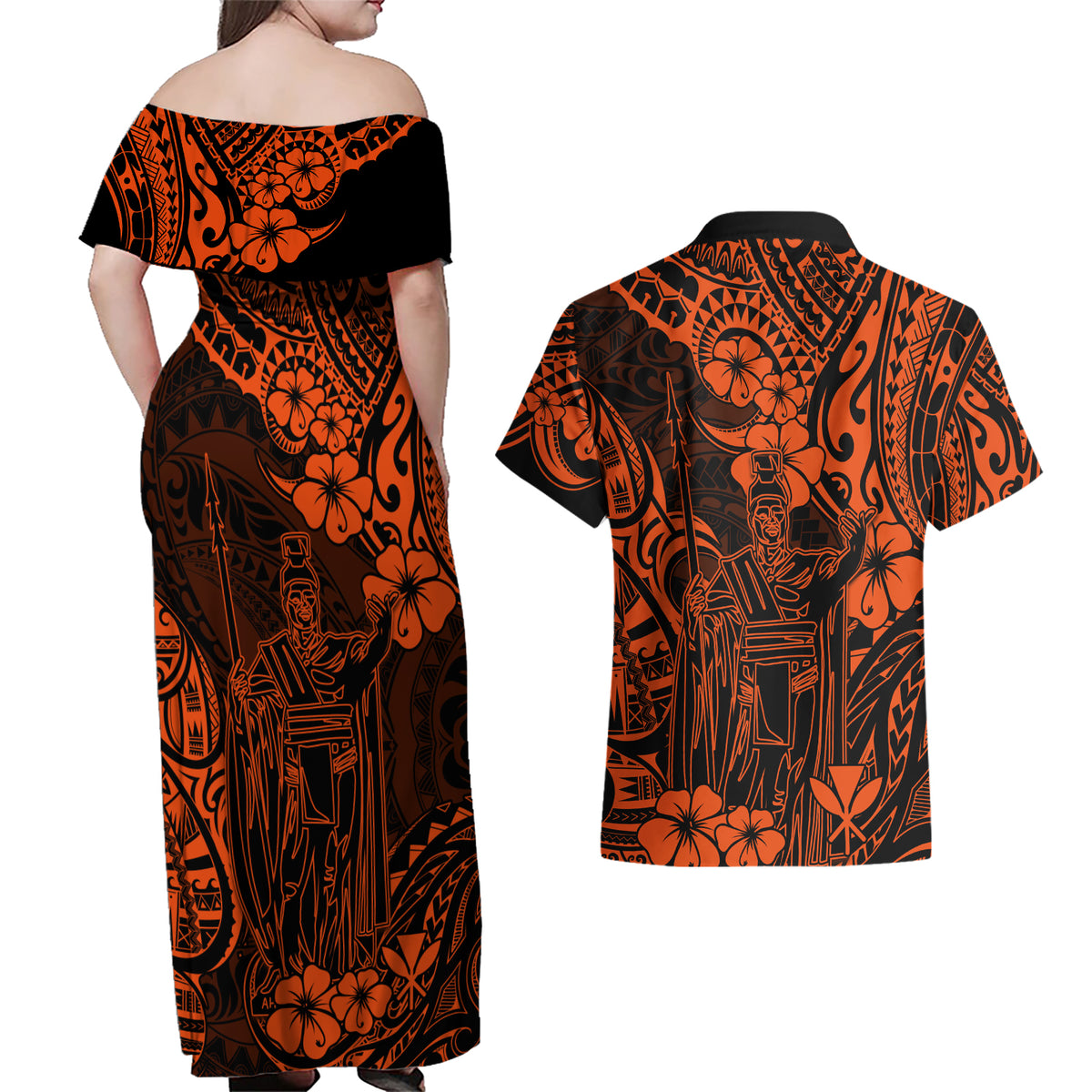 Hawaii King Kamehameha Couples Matching Off Shoulder Maxi Dress and Hawaiian Shirt Polynesian Pattern Orange Version LT01 - Polynesian Pride