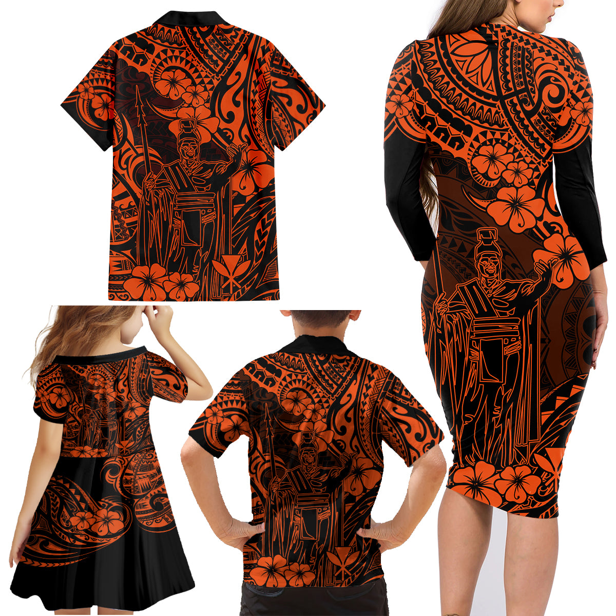 Hawaii King Kamehameha Family Matching Long Sleeve Bodycon Dress and Hawaiian Shirt Polynesian Pattern Orange Version LT01 - Polynesian Pride
