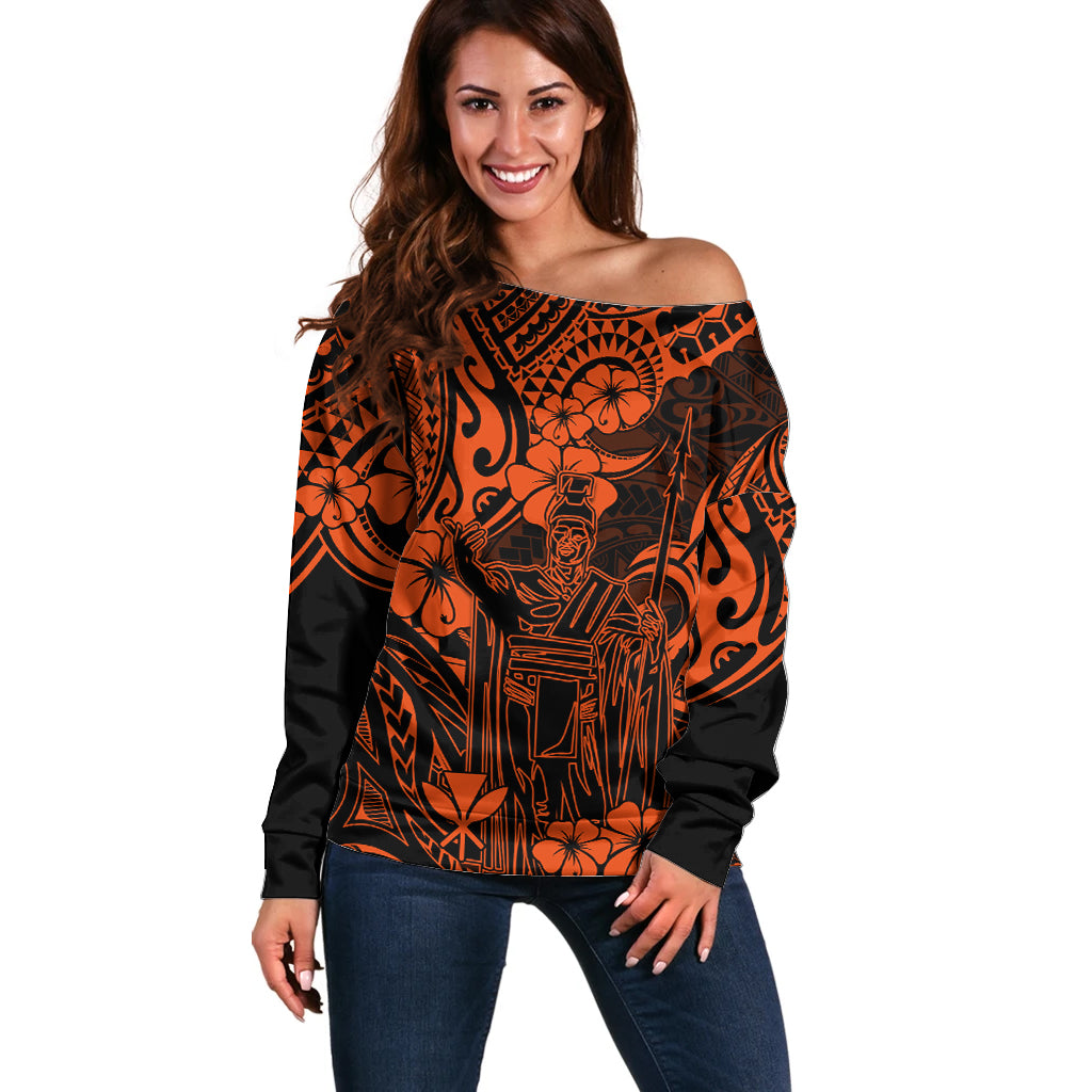 Hawaii King Kamehameha Off Shoulder Sweater Polynesian Pattern Orange Version LT01 Women Orange - Polynesian Pride