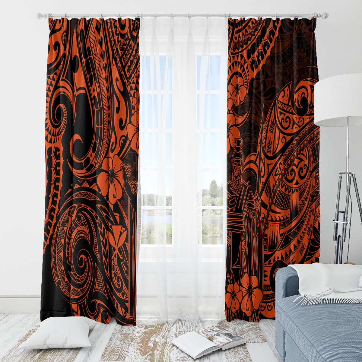 Hawaii King Kamehameha Window Curtain Polynesian Pattern Orange Version LT01 - Polynesian Pride