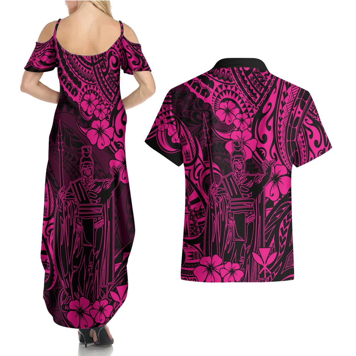 Hawaii King Kamehameha Couples Matching Summer Maxi Dress and Hawaiian Shirt Polynesian Pattern Pink Version LT01 - Polynesian Pride