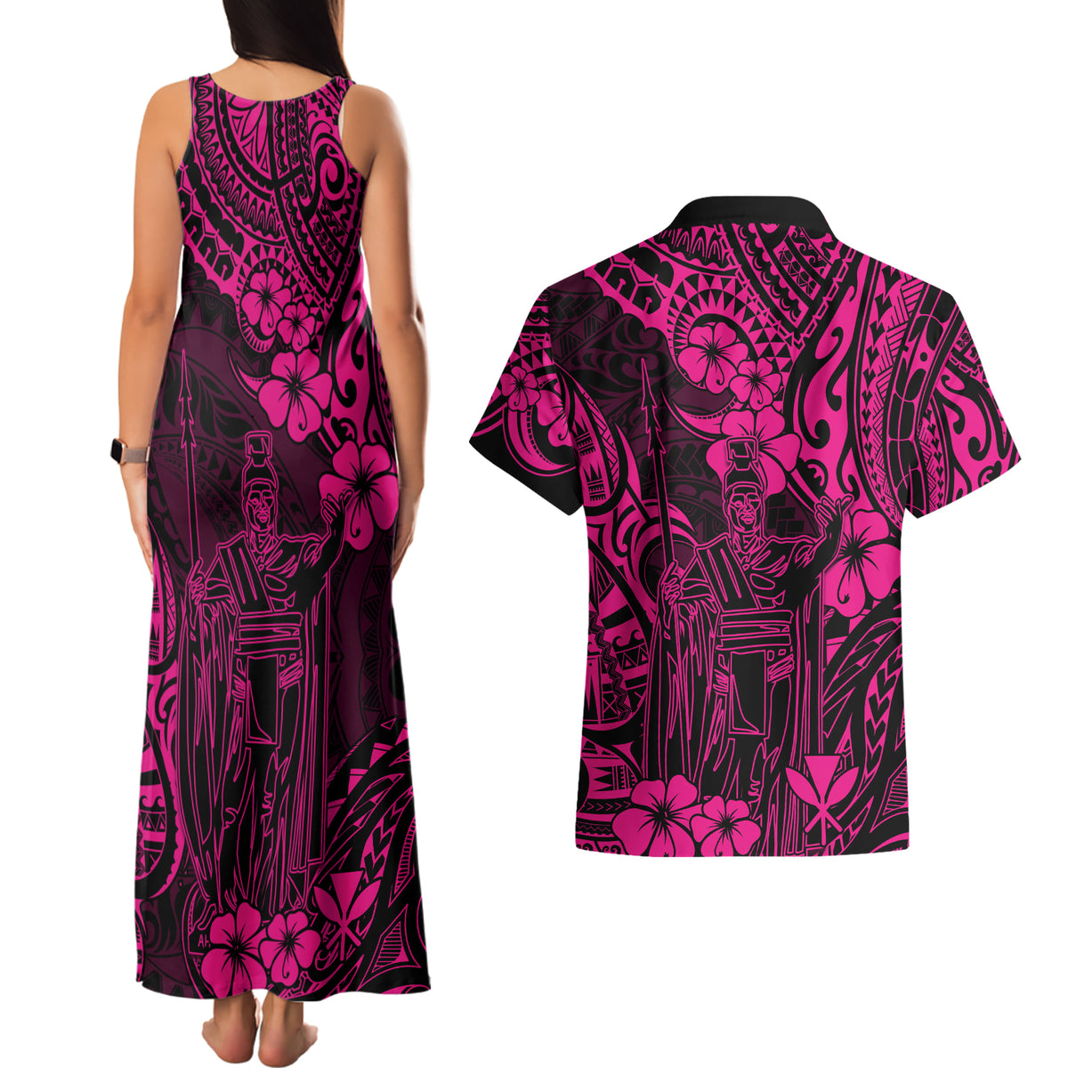 Hawaii King Kamehameha Couples Matching Tank Maxi Dress and Hawaiian Shirt Polynesian Pattern Pink Version LT01 - Polynesian Pride