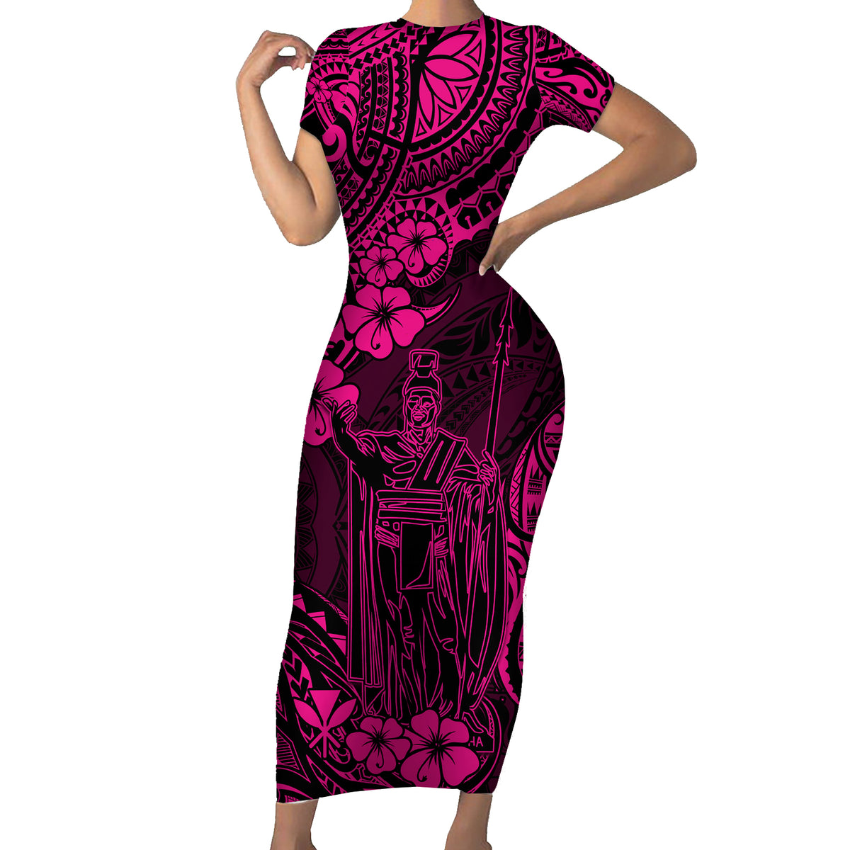 Hawaii King Kamehameha Family Matching Short Sleeve Bodycon Dress and Hawaiian Shirt Polynesian Pattern Pink Version LT01 Mom's Dress Pink - Polynesian Pride