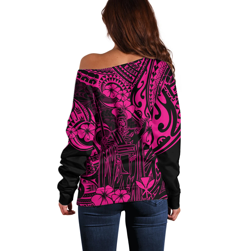 Hawaii King Kamehameha Off Shoulder Sweater Polynesian Pattern Pink Version LT01 - Polynesian Pride