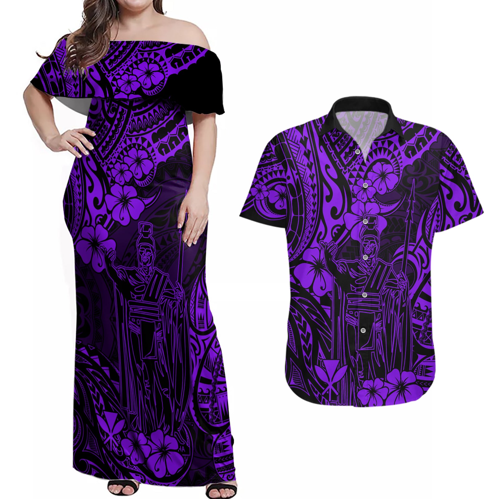 Hawaii King Kamehameha Couples Matching Off Shoulder Maxi Dress and Hawaiian Shirt Polynesian Pattern Purple Version LT01 Purple - Polynesian Pride