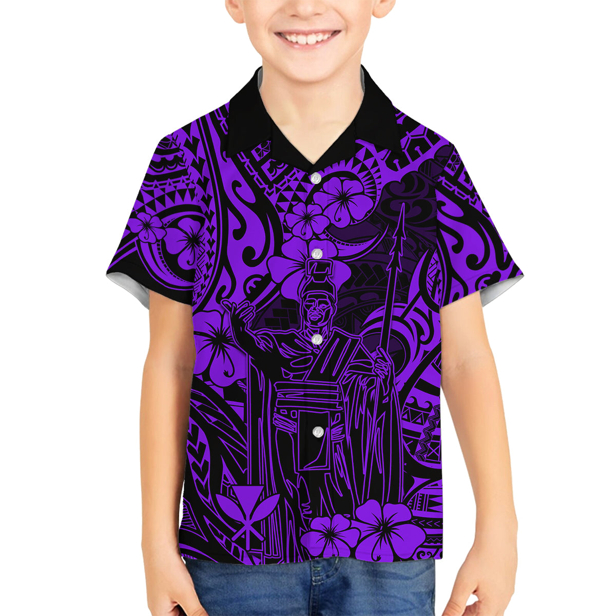 Hawaii King Kamehameha Family Matching Tank Maxi Dress and Hawaiian Shirt Polynesian Pattern Purple Version LT01 Son's Shirt Purple - Polynesian Pride