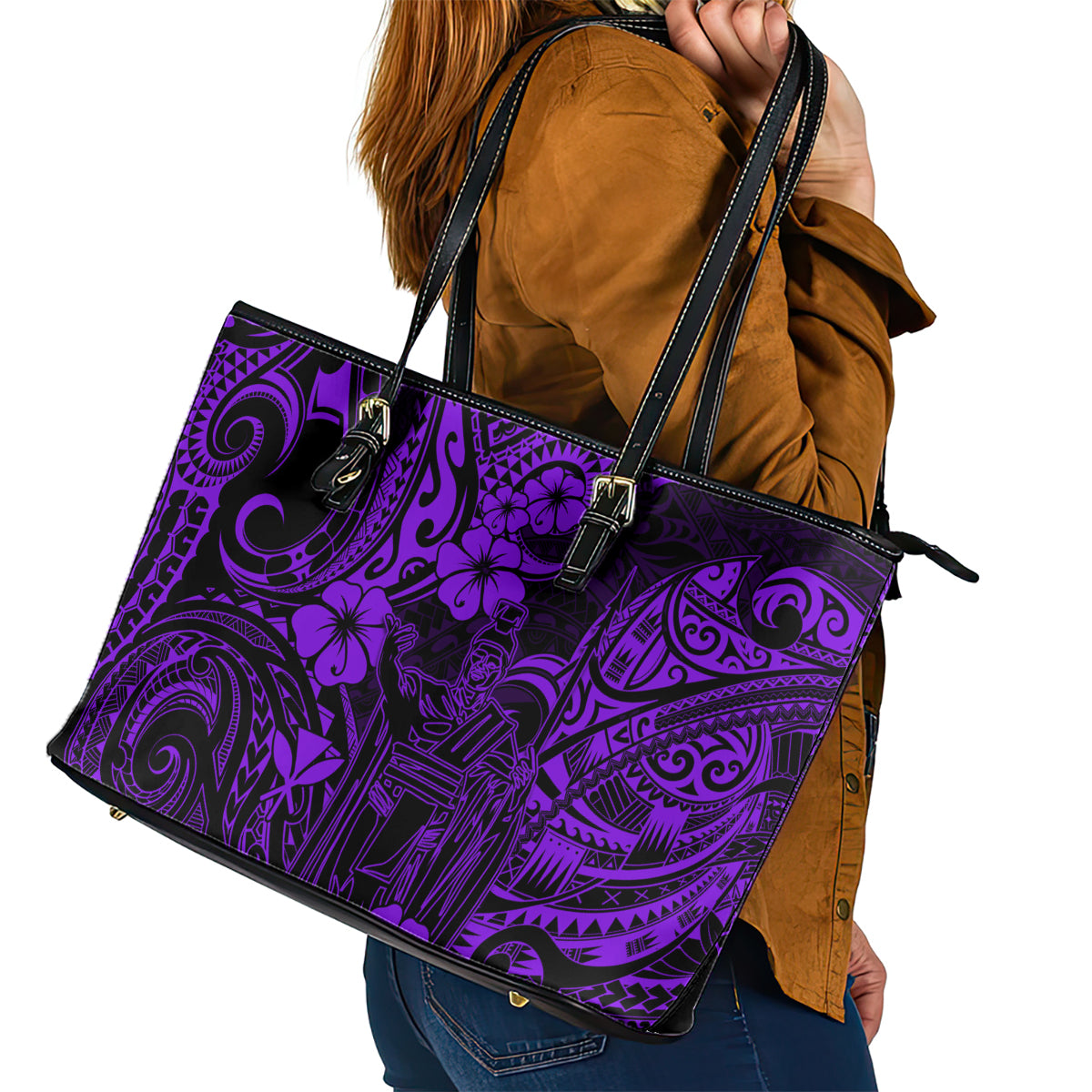 Hawaii King Kamehameha Leather Tote Bag Polynesian Pattern Purple Version LT01 - Polynesian Pride