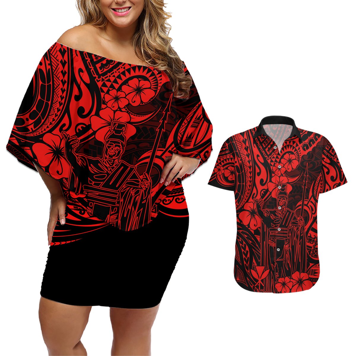 Hawaii King Kamehameha Couples Matching Off Shoulder Short Dress and Hawaiian Shirt Polynesian Pattern Red Version LT01 Red - Polynesian Pride