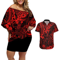 Hawaii King Kamehameha Couples Matching Off Shoulder Short Dress and Hawaiian Shirt Polynesian Pattern Red Version LT01 Red - Polynesian Pride