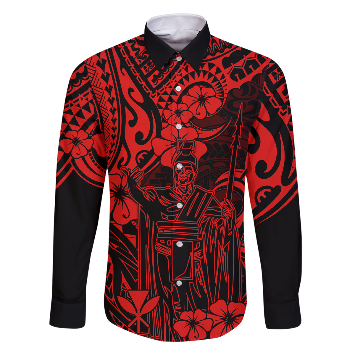 Hawaii King Kamehameha Family Matching Off Shoulder Maxi Dress and Hawaiian Shirt Polynesian Pattern Red Version LT01 Dad's Shirt - Long Sleeve Red - Polynesian Pride