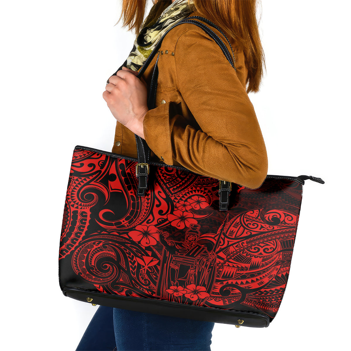 Hawaii King Kamehameha Leather Tote Bag Polynesian Pattern Red Version LT01 Red - Polynesian Pride