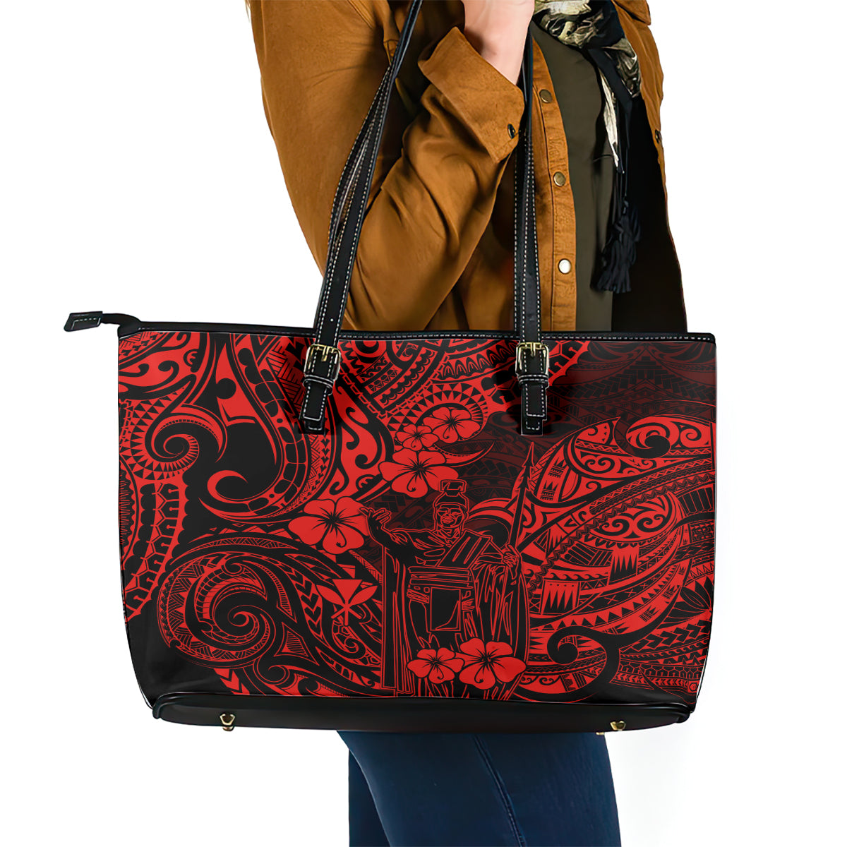 Hawaii King Kamehameha Leather Tote Bag Polynesian Pattern Red Version LT01 - Polynesian Pride