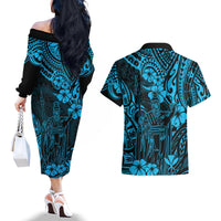 Hawaii King Kamehameha Couples Matching Off The Shoulder Long Sleeve Dress and Hawaiian Shirt Polynesian Pattern Sky Blue Version LT01 - Polynesian Pride
