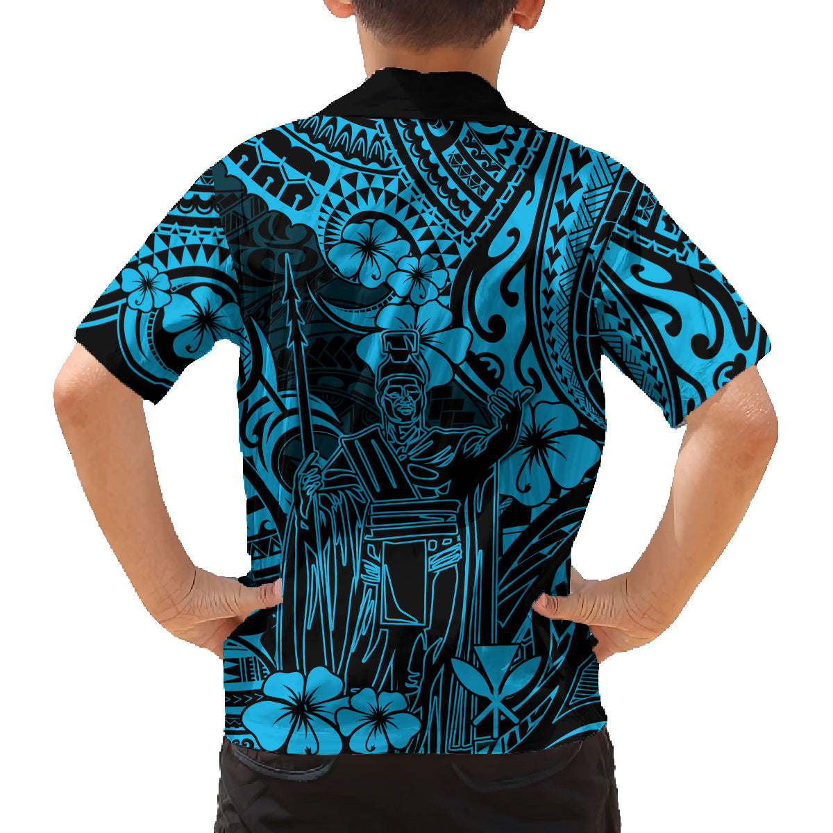 Hawaii King Kamehameha Family Matching Long Sleeve Bodycon Dress and Hawaiian Shirt Polynesian Pattern Sky Blue Version LT01 - Polynesian Pride