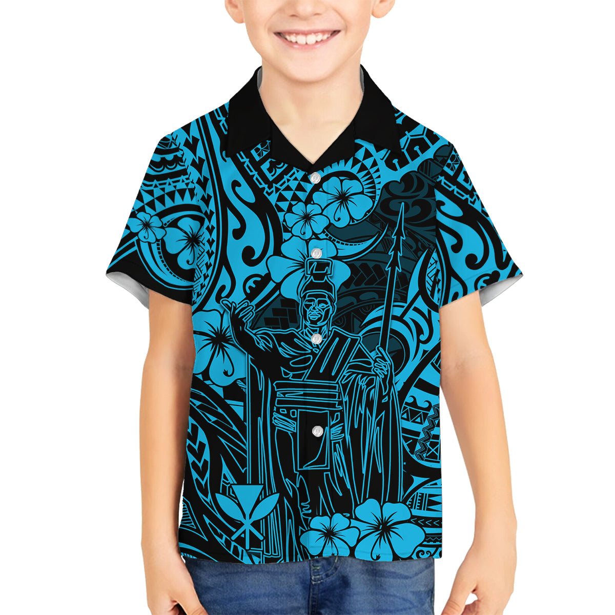 Hawaii King Kamehameha Family Matching Off Shoulder Long Sleeve Dress and Hawaiian Shirt Polynesian Pattern Sky Blue Version LT01 Son's Shirt Blue - Polynesian Pride