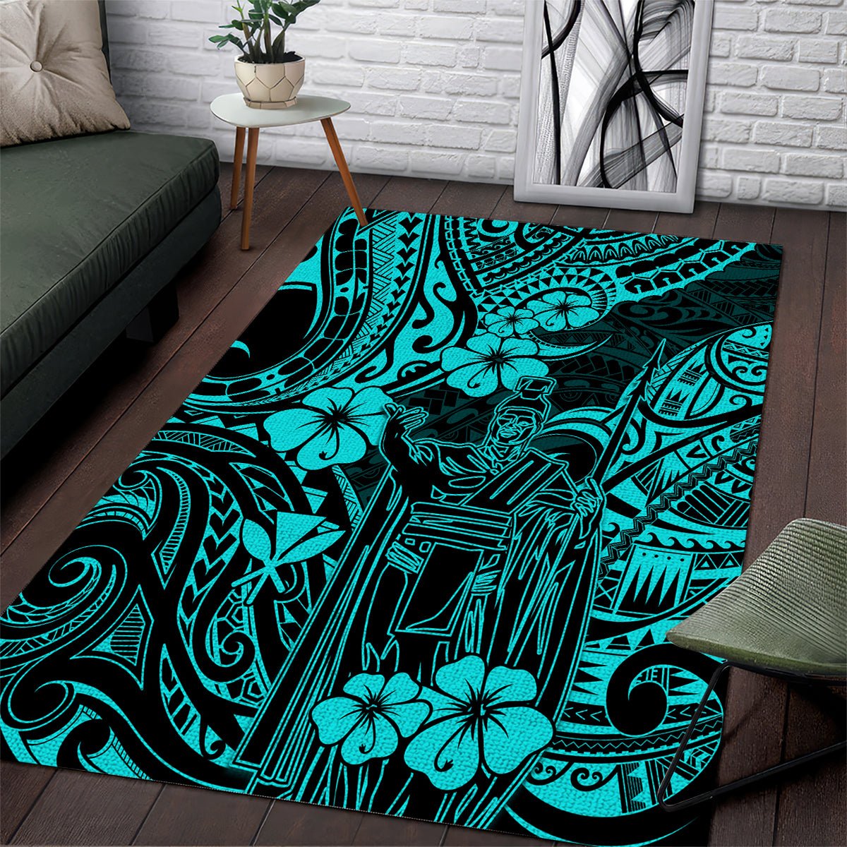 Hawaii King Kamehameha Area Rug Polynesian Pattern Turquoise Version LT01 Turquoise - Polynesian Pride