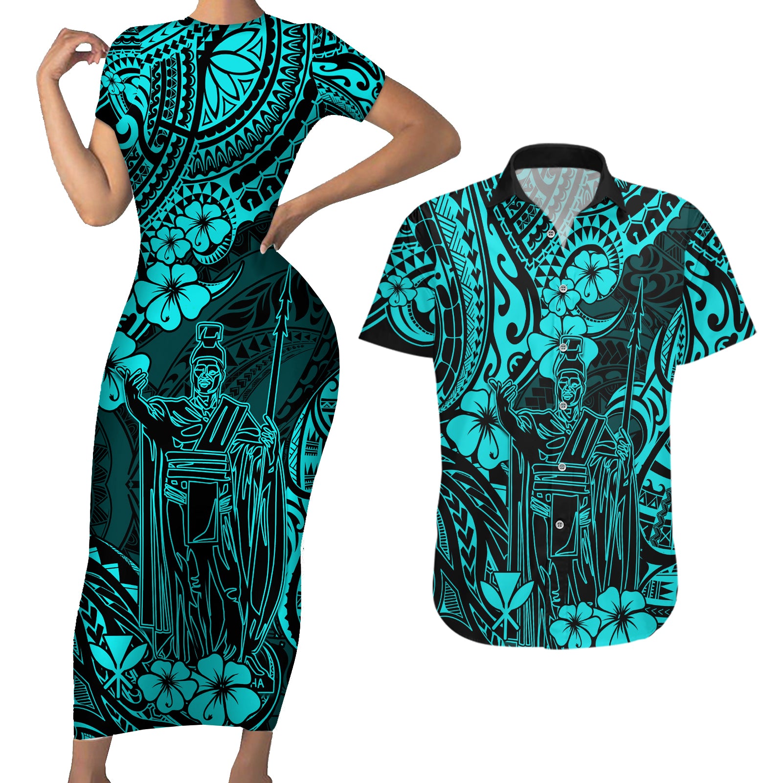 Hawaii King Kamehameha Couples Matching Short Sleeve Bodycon Dress and Hawaiian Shirt Polynesian Pattern Turquoise Version LT01 Turquoise - Polynesian Pride