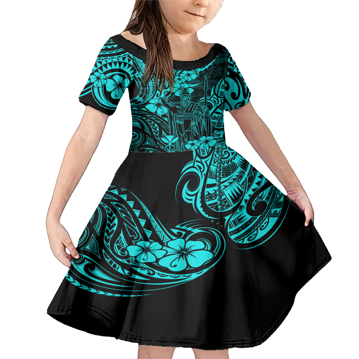 Hawaii King Kamehameha Family Matching Mermaid Dress and Hawaiian Shirt Polynesian Pattern Turquoise Version LT01 Daughter's Dress Turquoise - Polynesian Pride
