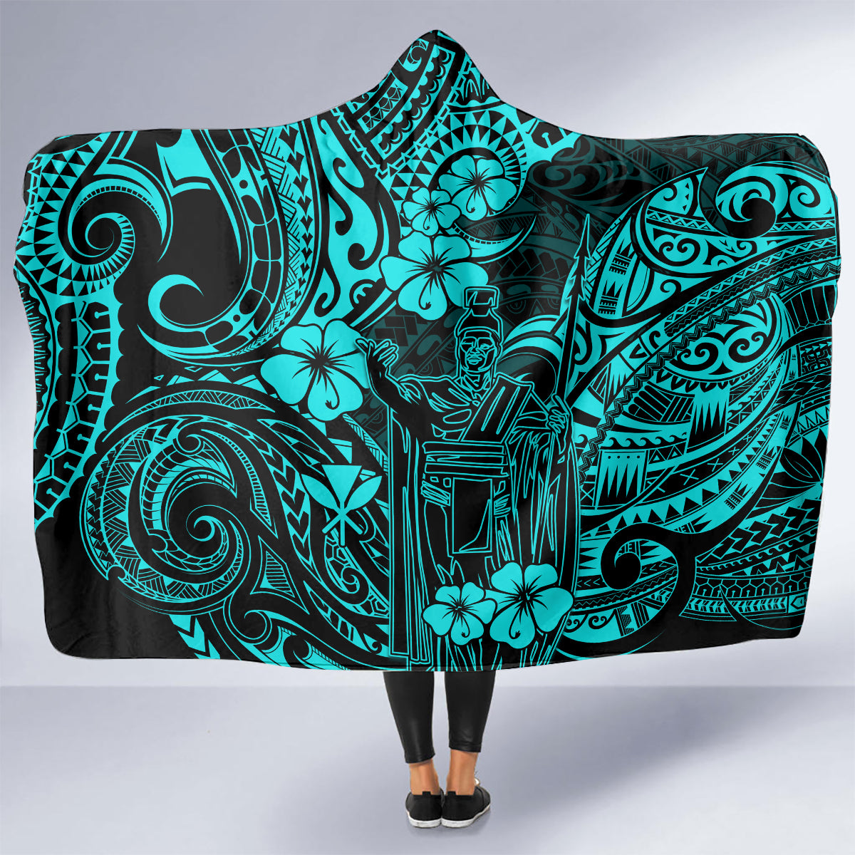Hawaii King Kamehameha Hooded Blanket Polynesian Pattern Turquoise Version LT01 - Polynesian Pride