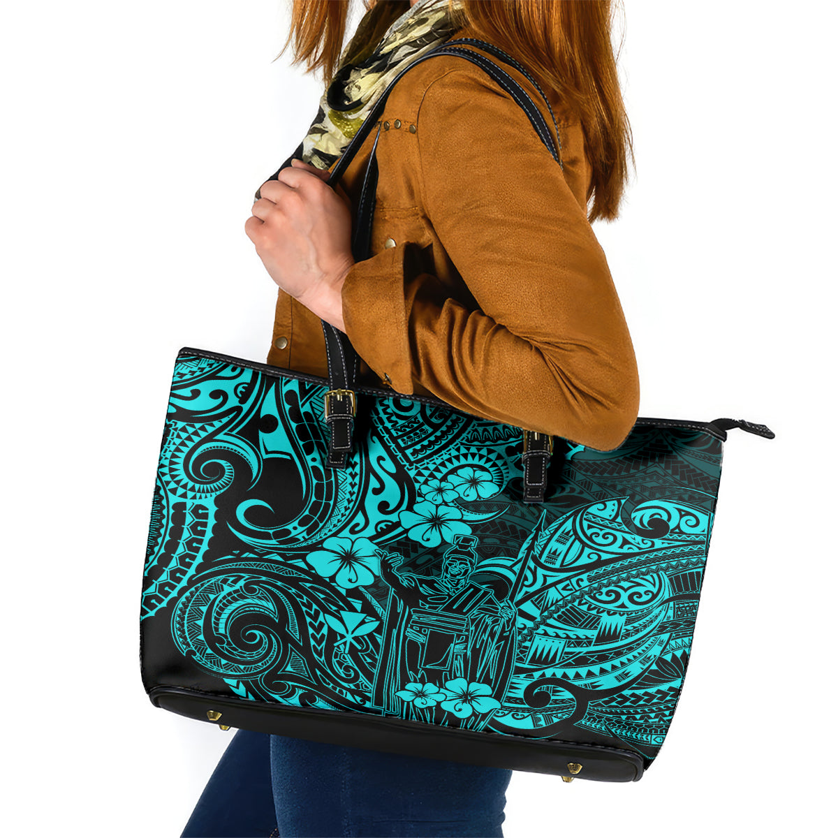 Hawaii King Kamehameha Leather Tote Bag Polynesian Pattern Turquoise Version LT01 Turquoise - Polynesian Pride