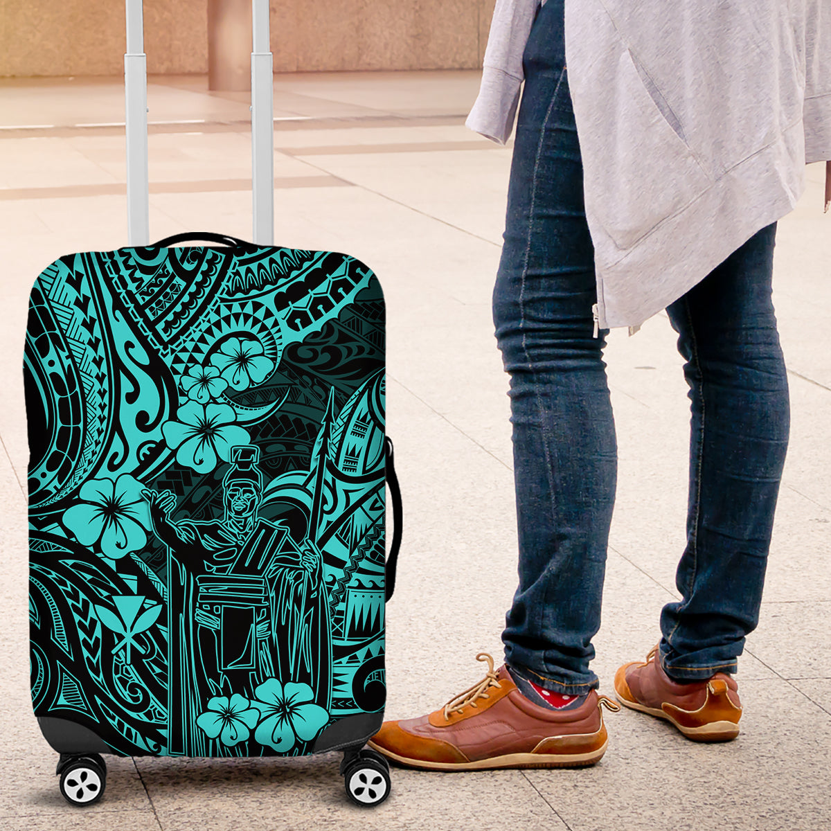 Hawaii King Kamehameha Luggage Cover Polynesian Pattern Turquoise Version LT01 Turquoise - Polynesian Pride