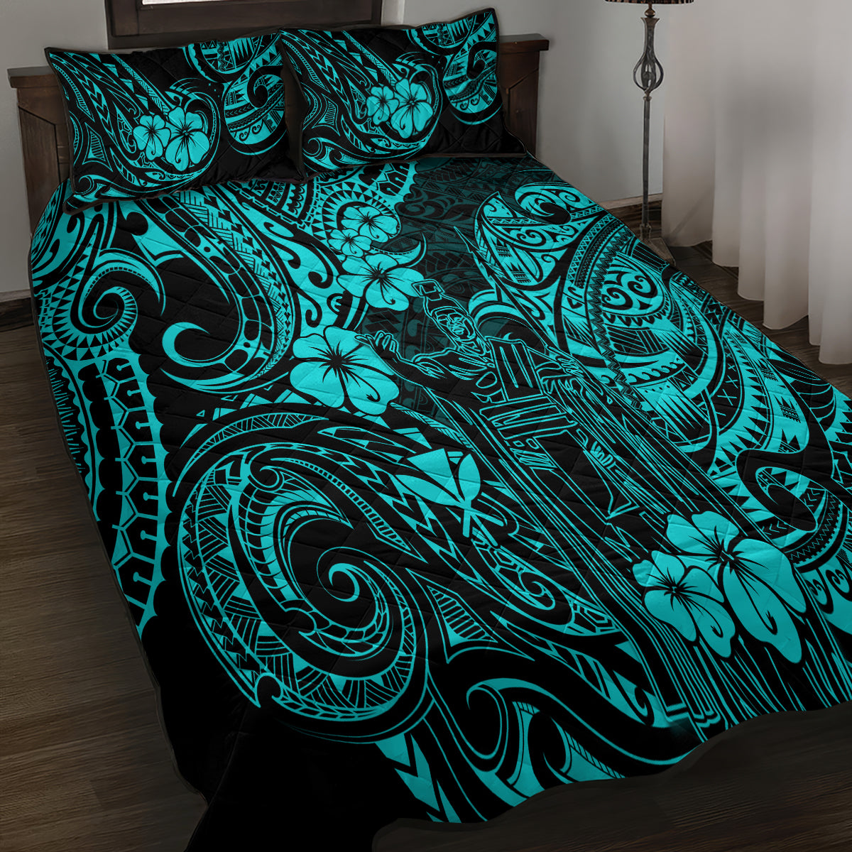 Hawaii King Kamehameha Quilt Bed Set Polynesian Pattern Turquoise Version LT01 - Polynesian Pride