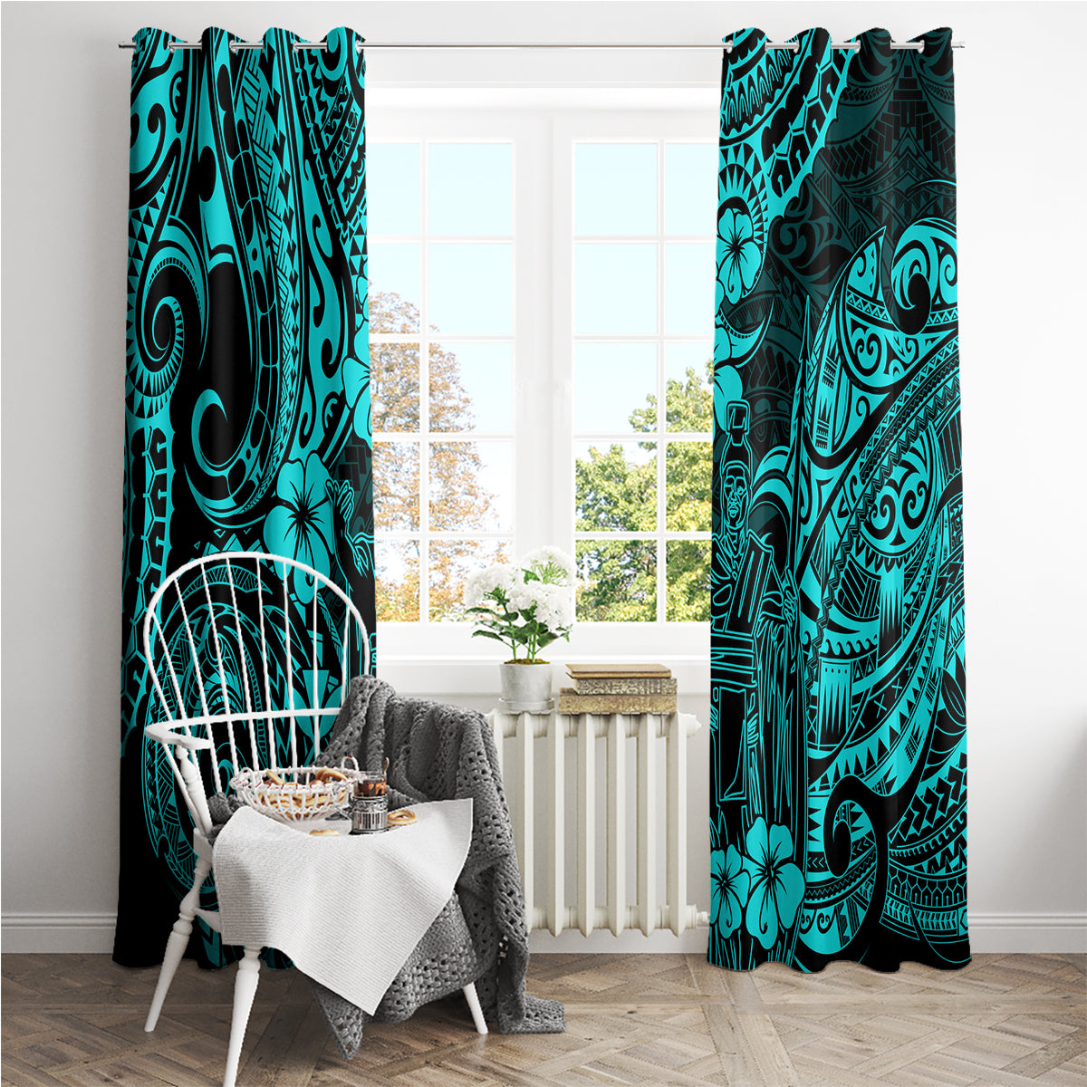 Hawaii King Kamehameha Window Curtain Polynesian Pattern Turquoise Version LT01 - Polynesian Pride