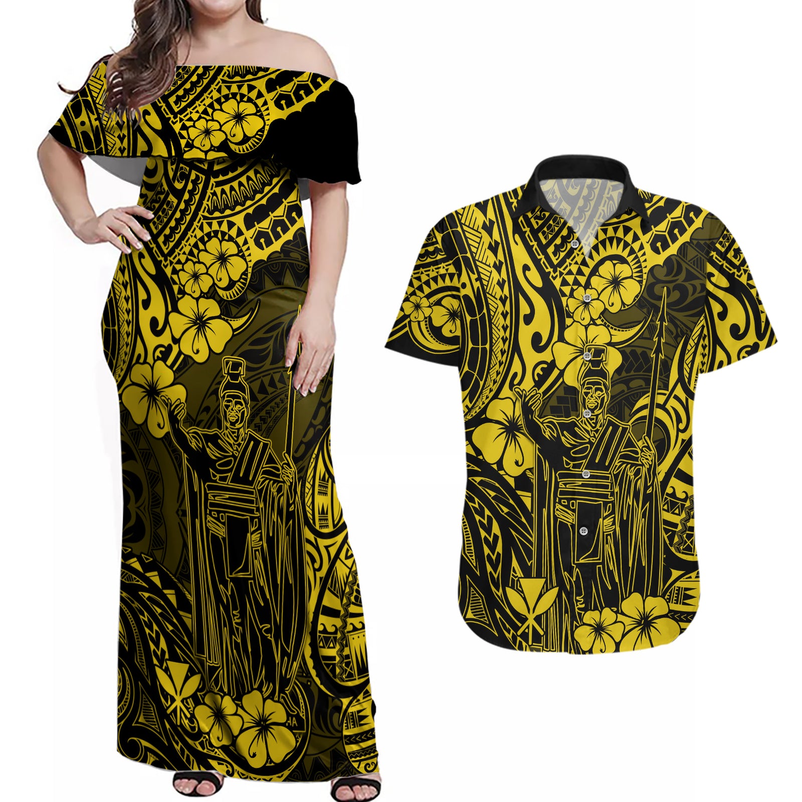 Hawaii King Kamehameha Couples Matching Off Shoulder Maxi Dress and Hawaiian Shirt Polynesian Pattern Yellow Version LT01 Yellow - Polynesian Pride