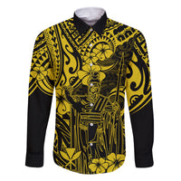 Hawaii King Kamehameha Family Matching Off Shoulder Maxi Dress and Hawaiian Shirt Polynesian Pattern Yellow Version LT01 Dad's Shirt - Long Sleeve Yellow - Polynesian Pride