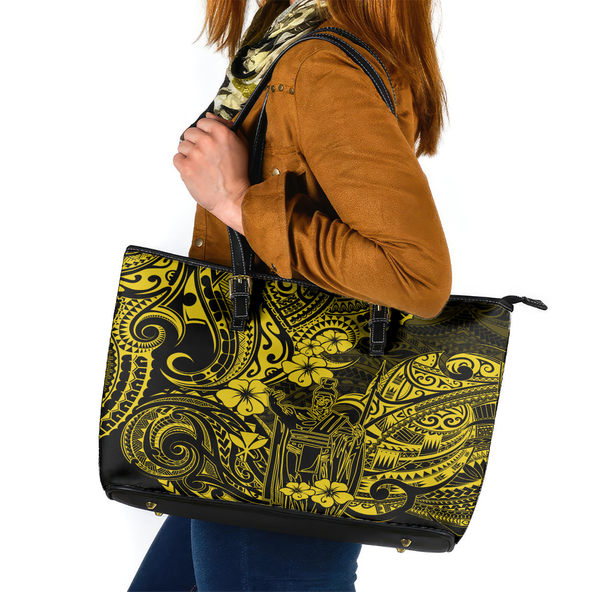 Hawaii King Kamehameha Leather Tote Bag Polynesian Pattern Yellow Version LT01 Yellow - Polynesian Pride