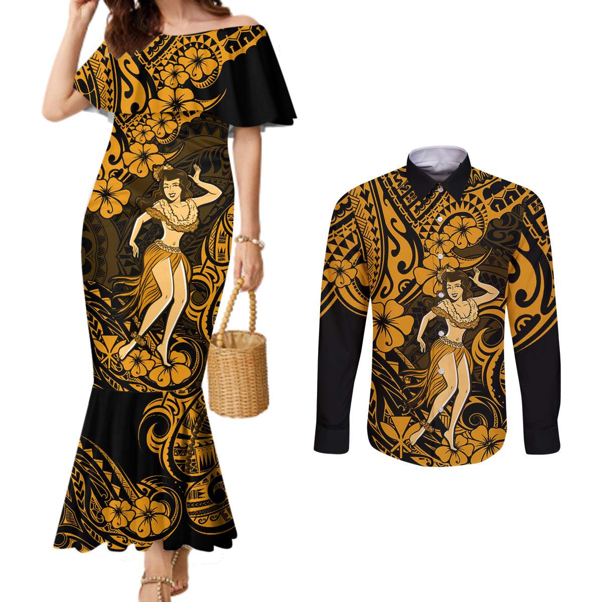 Hawaii Hula Girl Couples Matching Mermaid Dress and Long Sleeve Button Shirts Polynesian Pattern Gold Version LT01 Gold - Polynesian Pride