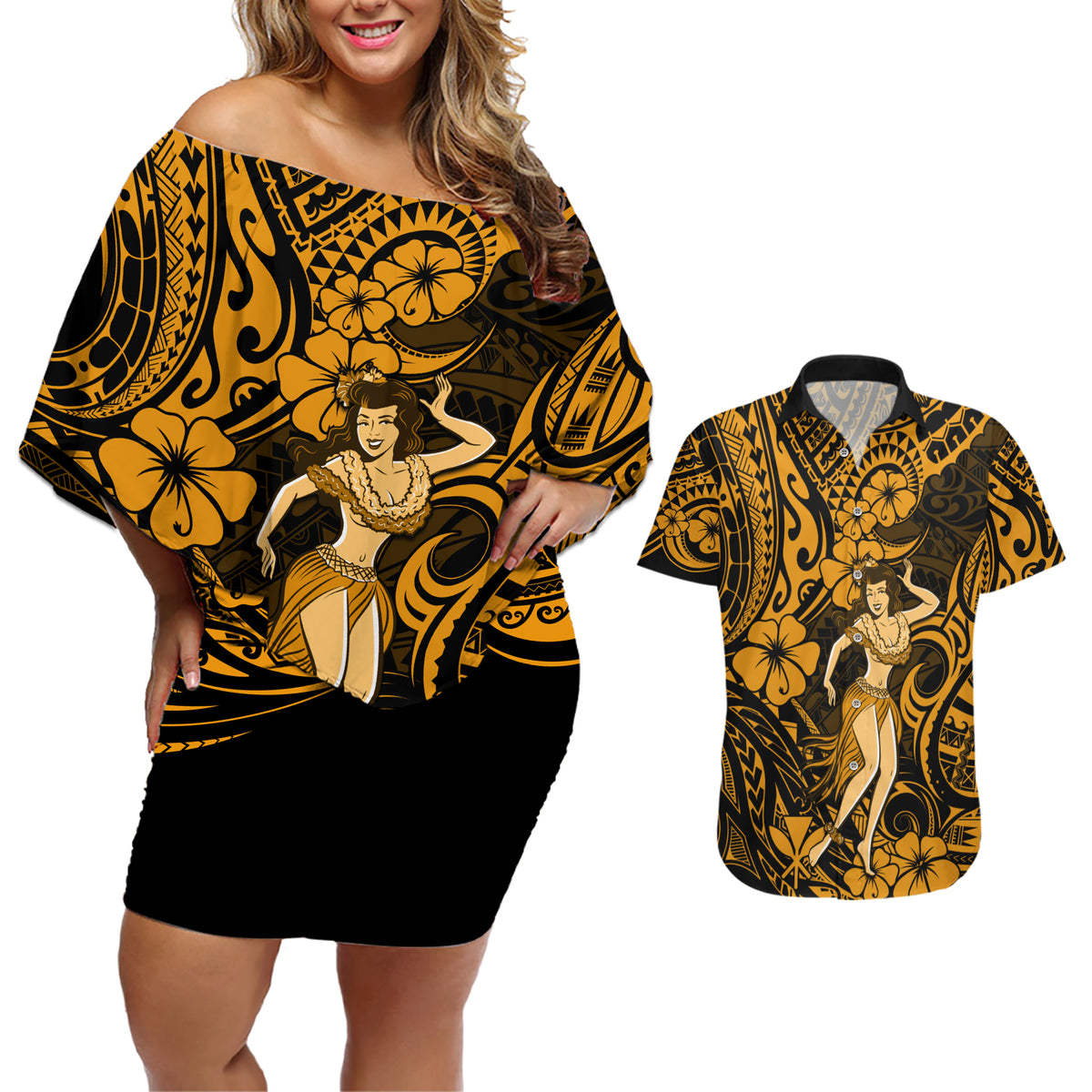 Hawaii Hula Girl Couples Matching Off Shoulder Short Dress and Hawaiian Shirt Polynesian Pattern Gold Version LT01 Gold - Polynesian Pride