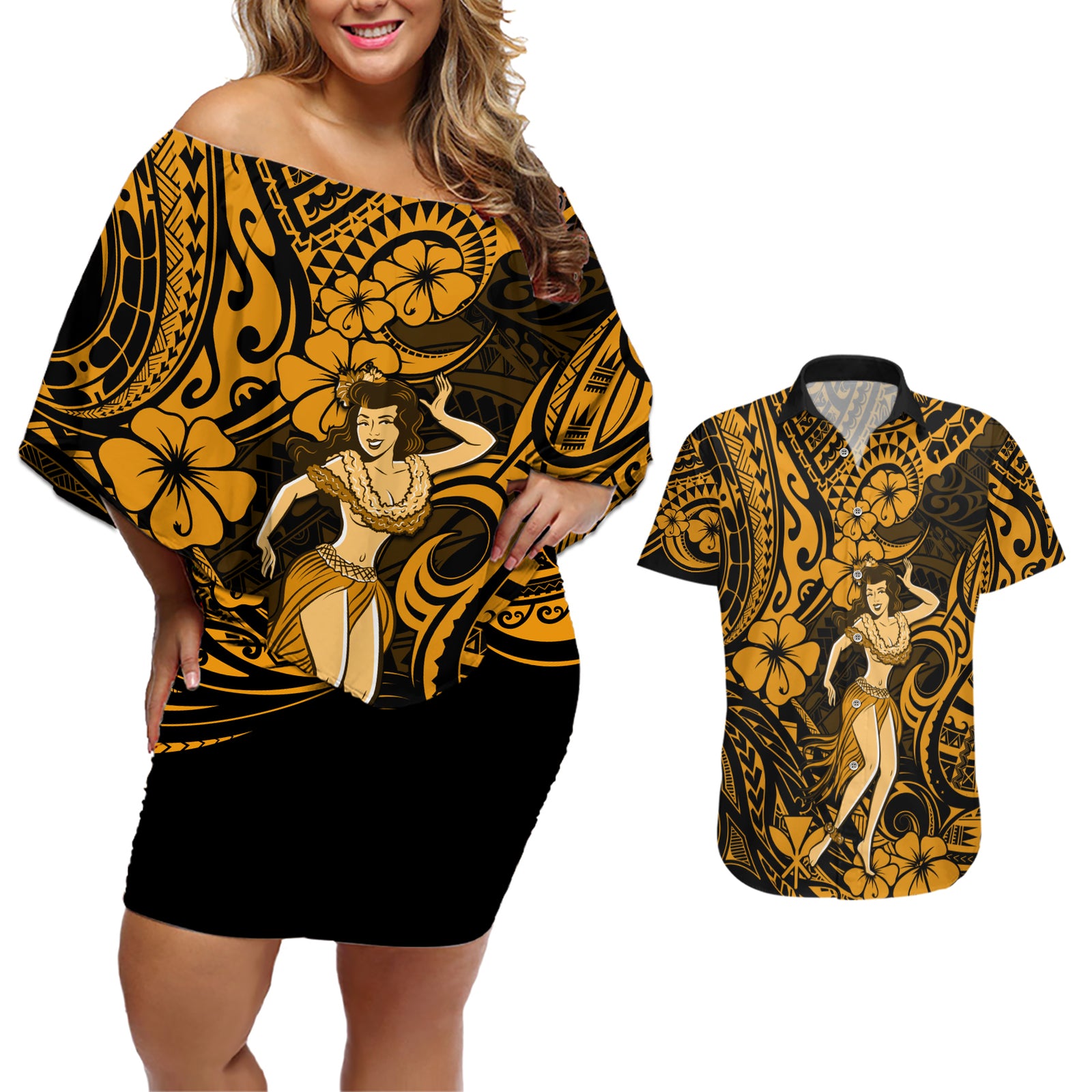 Hawaii Hula Girl Couples Matching Off Shoulder Short Dress and Hawaiian Shirt Polynesian Pattern Gold Version LT01 Gold - Polynesian Pride