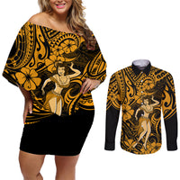 Hawaii Hula Girl Couples Matching Off Shoulder Short Dress and Long Sleeve Button Shirts Polynesian Pattern Gold Version LT01 Gold - Polynesian Pride