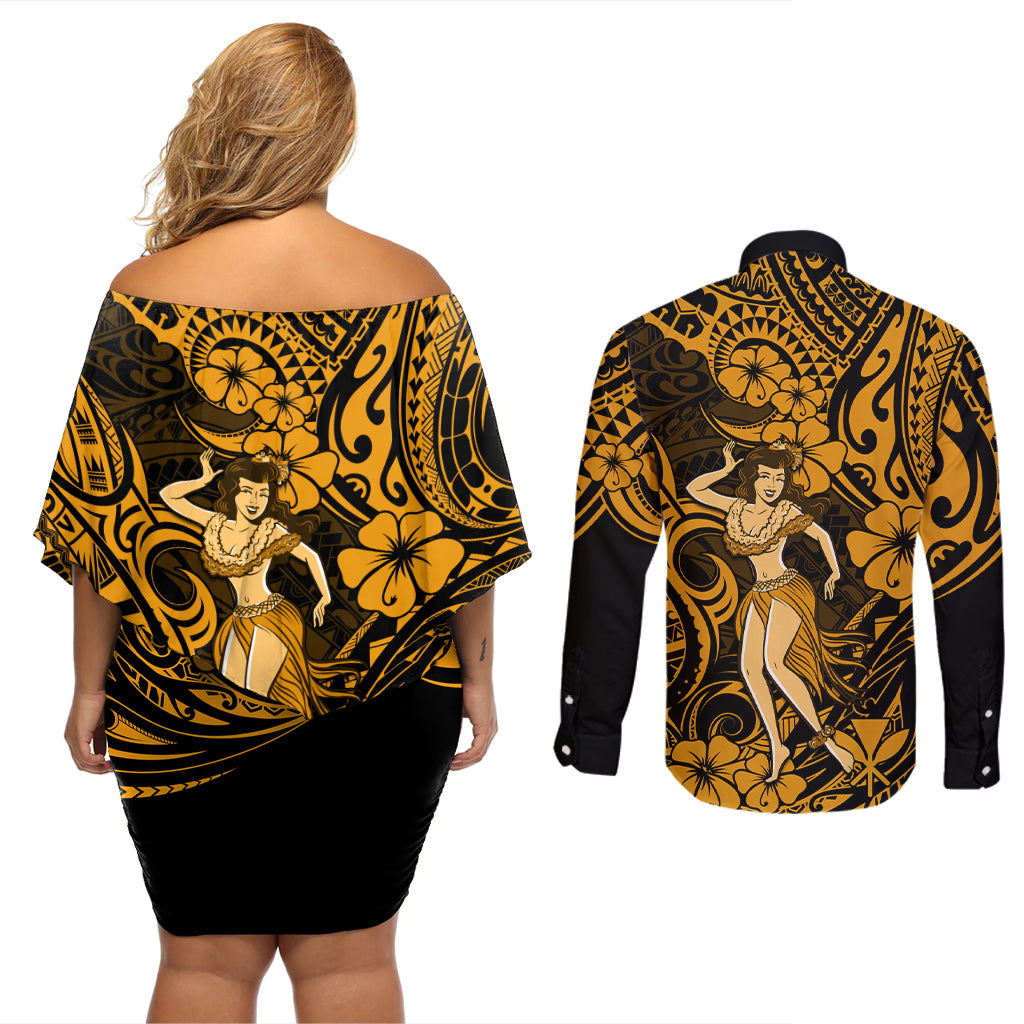 Hawaii Hula Girl Couples Matching Off Shoulder Short Dress and Long Sleeve Button Shirts Polynesian Pattern Gold Version LT01 - Polynesian Pride