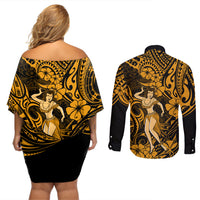 Hawaii Hula Girl Couples Matching Off Shoulder Short Dress and Long Sleeve Button Shirts Polynesian Pattern Gold Version LT01 - Polynesian Pride