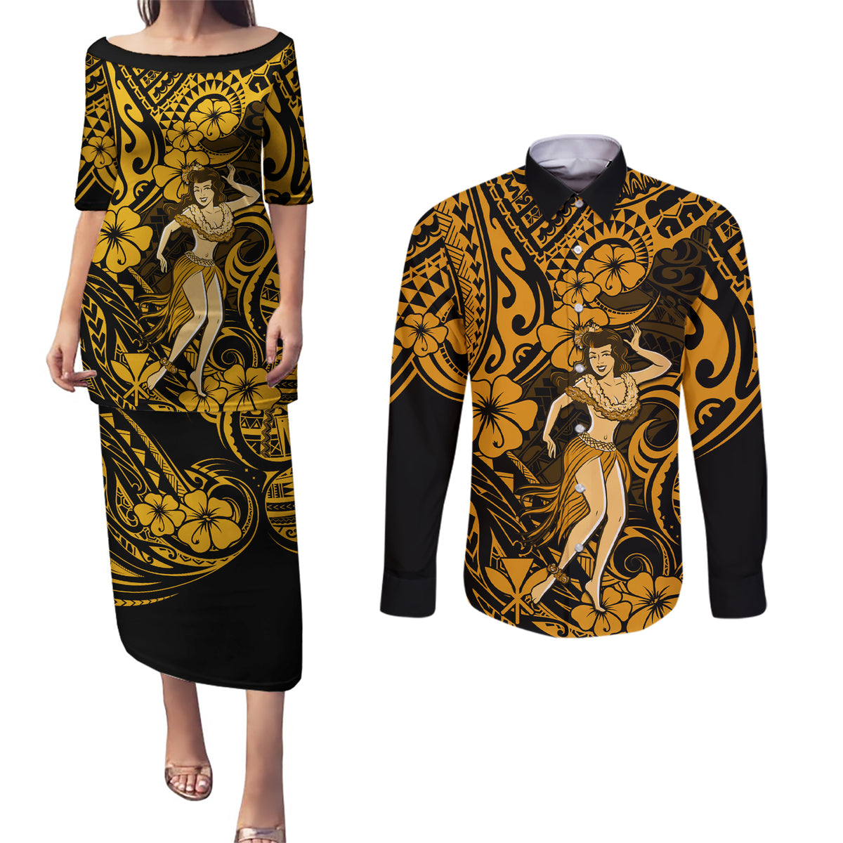 Hawaii Hula Girl Couples Matching Puletasi Dress and Long Sleeve Button Shirts Polynesian Pattern Gold Version LT01 Gold - Polynesian Pride