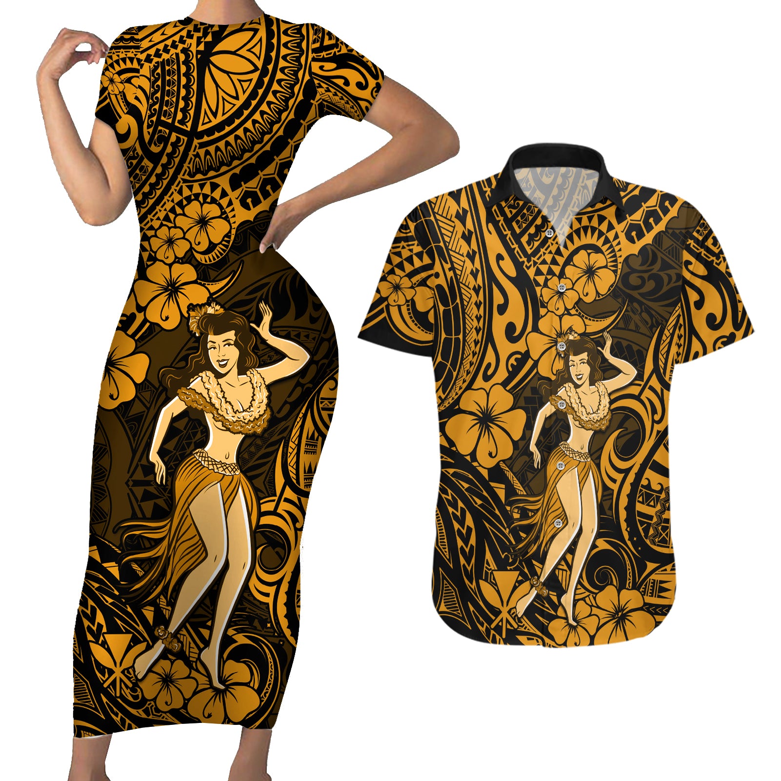 Hawaii Hula Girl Couples Matching Short Sleeve Bodycon Dress and Hawaiian Shirt Polynesian Pattern Gold Version LT01 Gold - Polynesian Pride