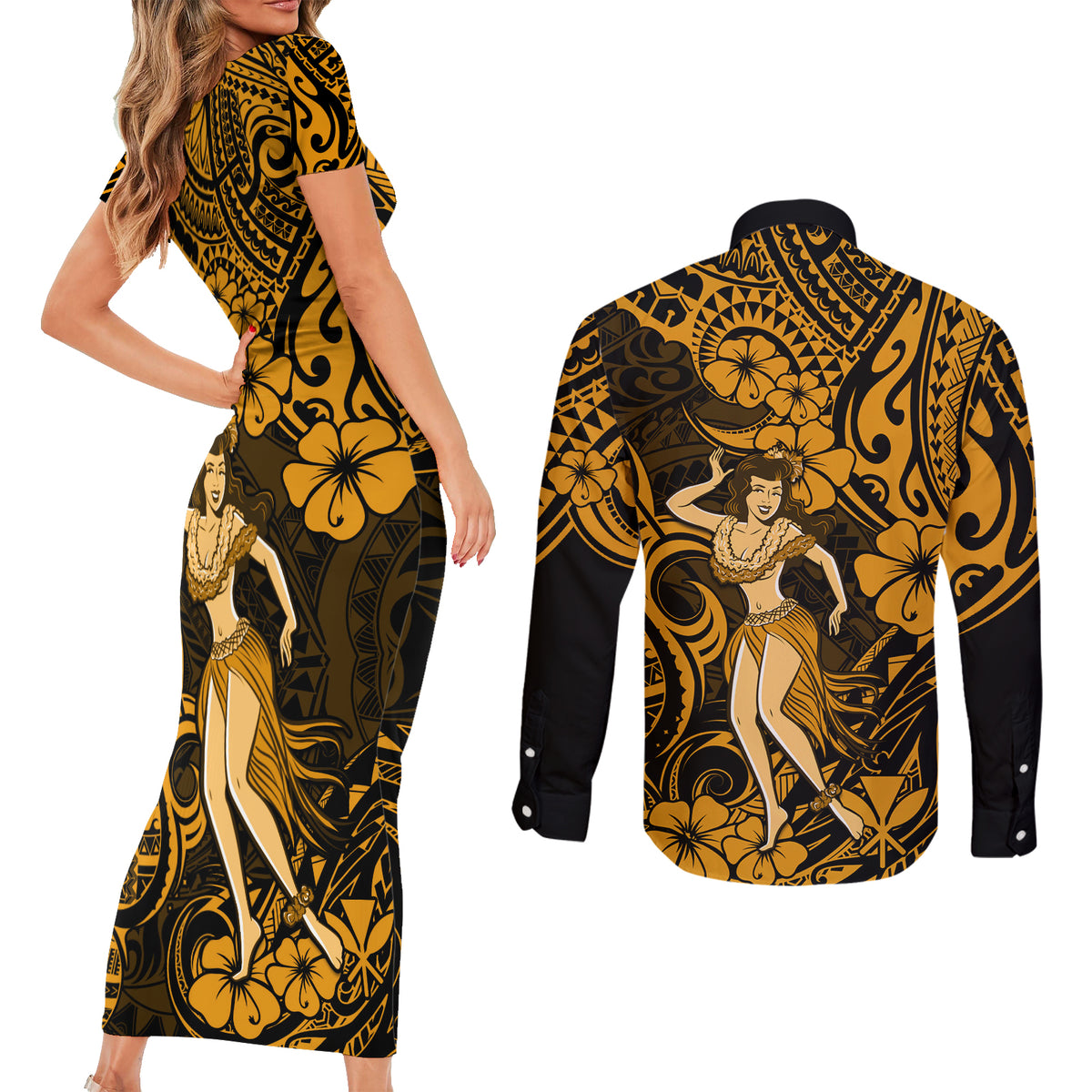 Hawaii Hula Girl Couples Matching Short Sleeve Bodycon Dress and Long Sleeve Button Shirts Polynesian Pattern Gold Version LT01 - Polynesian Pride