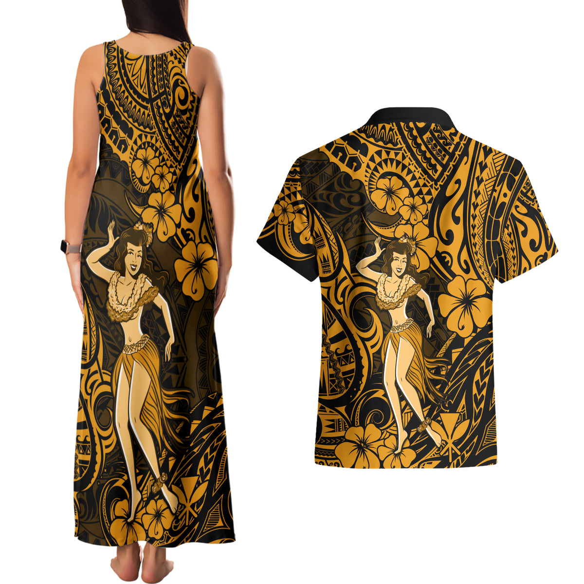 Hawaii Hula Girl Couples Matching Tank Maxi Dress and Hawaiian Shirt Polynesian Pattern Gold Version LT01 - Polynesian Pride