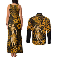 Hawaii Hula Girl Couples Matching Tank Maxi Dress and Long Sleeve Button Shirts Polynesian Pattern Gold Version LT01 - Polynesian Pride