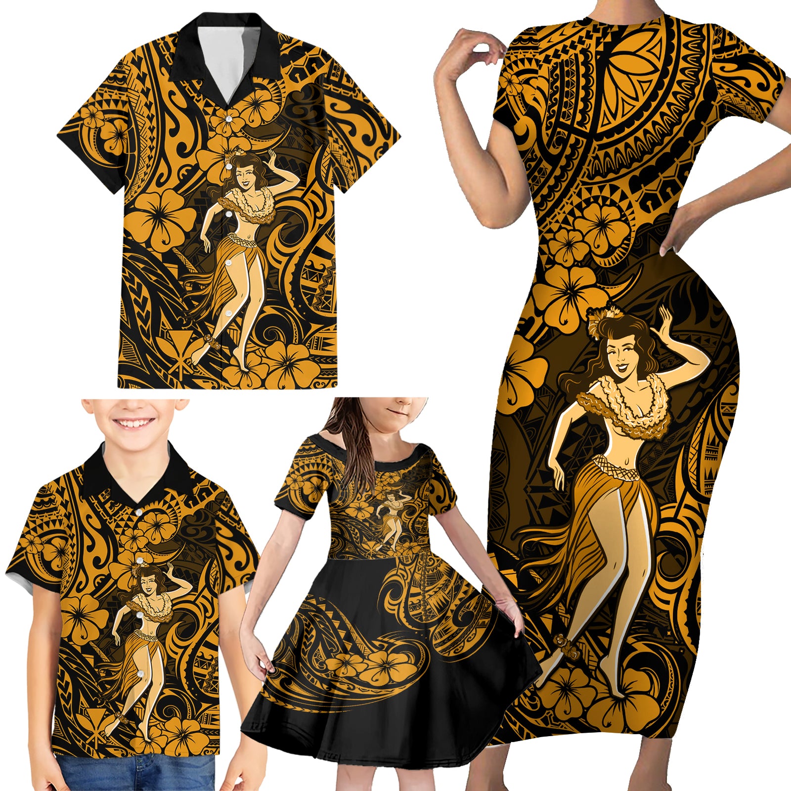 Hawaii Hula Girl Family Matching Short Sleeve Bodycon Dress and Hawaiian Shirt Polynesian Pattern Gold Version LT01 - Polynesian Pride