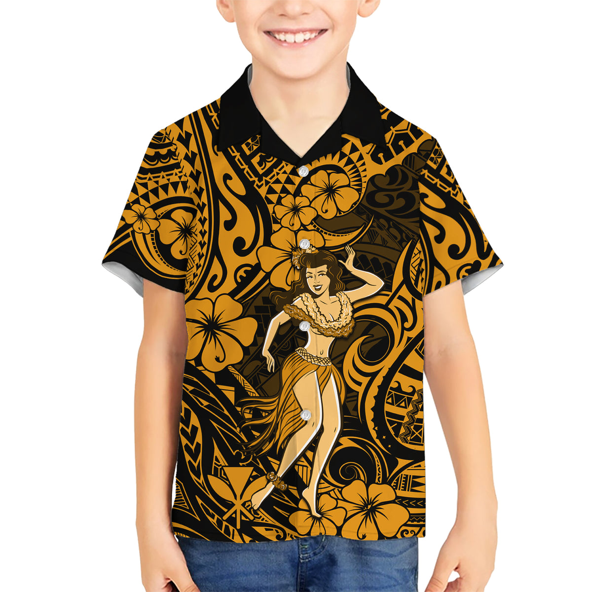 Hawaii Hula Girl Kid Hawaiian Shirt Polynesian Pattern Gold Version LT01 Kid Gold - Polynesian Pride