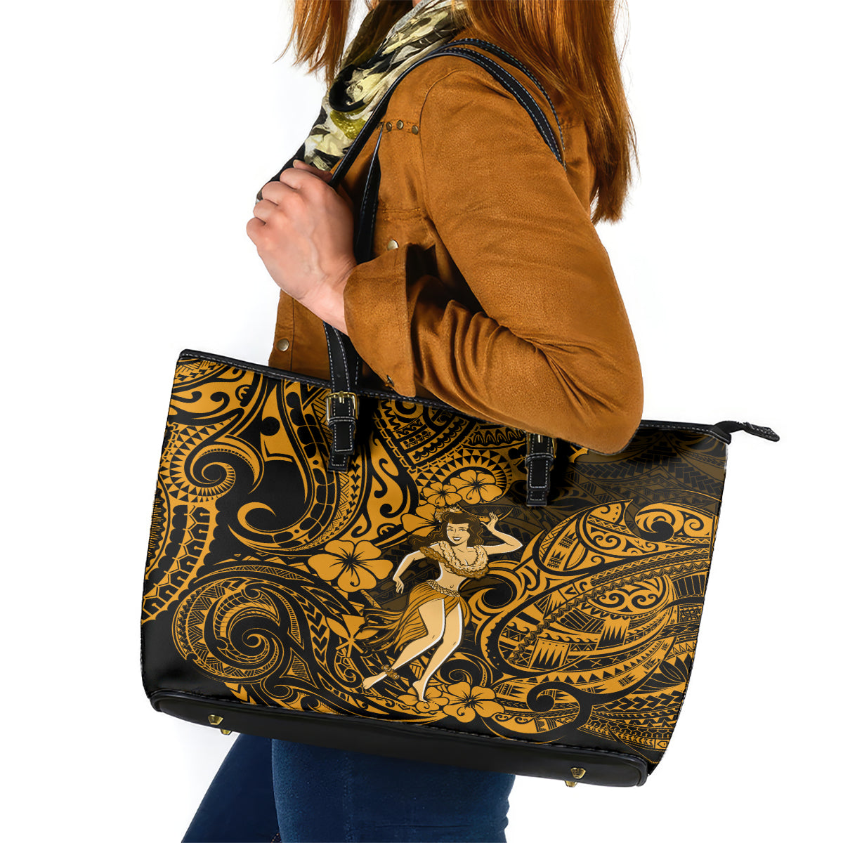 Hawaii Hula Girl Leather Tote Bag Polynesian Pattern Gold Version LT01 Gold - Polynesian Pride