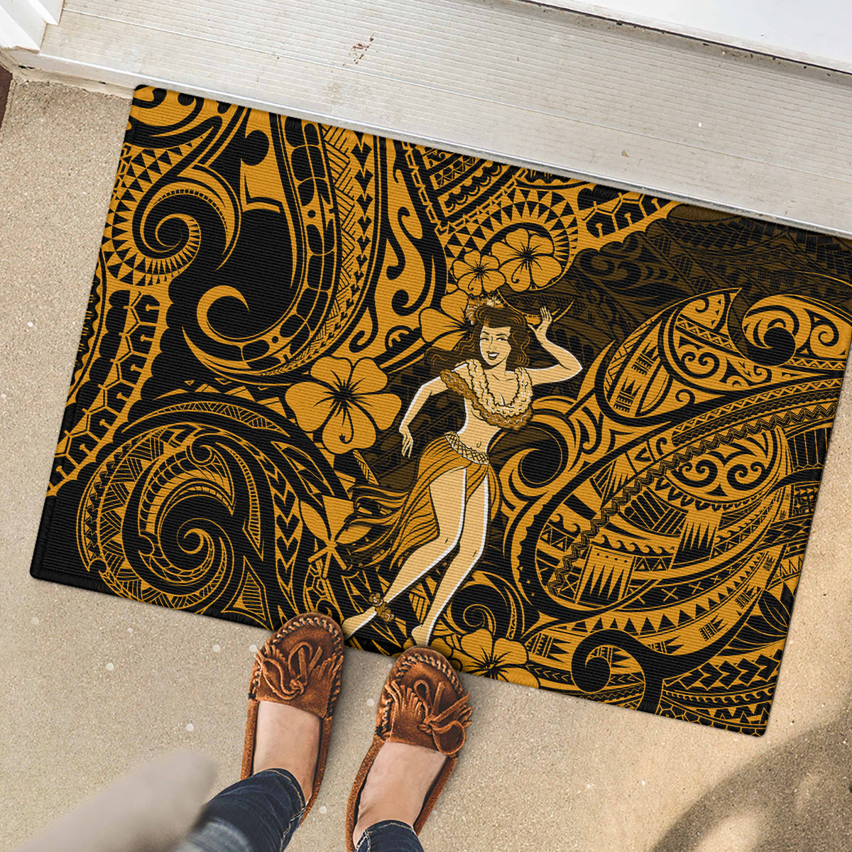 Hawaii Hula Girl Rubber Doormat Polynesian Pattern Gold Version LT01 - Polynesian Pride