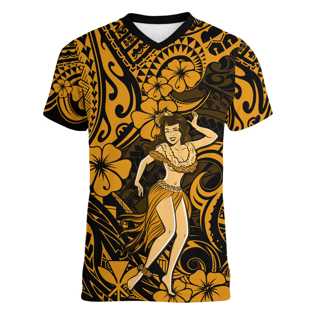 Hawaii Hula Girl Women V Neck T Shirt Polynesian Pattern Gold Version LT01 Female Gold - Polynesian Pride