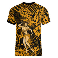 Hawaii Hula Girl Women V Neck T Shirt Polynesian Pattern Gold Version LT01 - Polynesian Pride