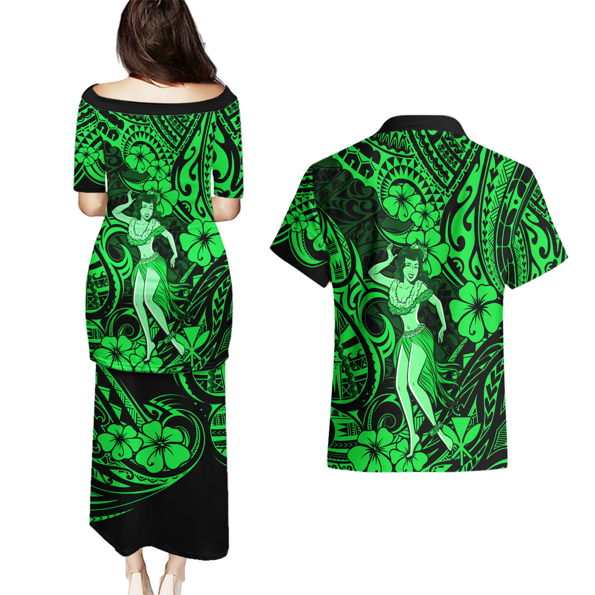 Hawaii Hula Girl Couples Matching Puletasi Dress and Hawaiian Shirt Polynesian Pattern Green Version LT01 - Polynesian Pride
