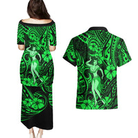 Hawaii Hula Girl Couples Matching Puletasi Dress and Hawaiian Shirt Polynesian Pattern Green Version LT01 - Polynesian Pride